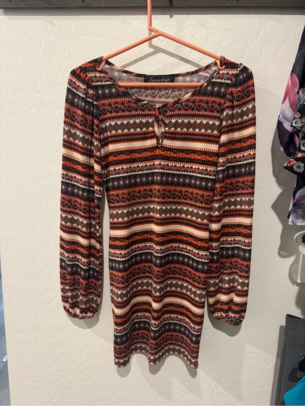 SWANKYS Orange Patterned Long Sleeve Dress